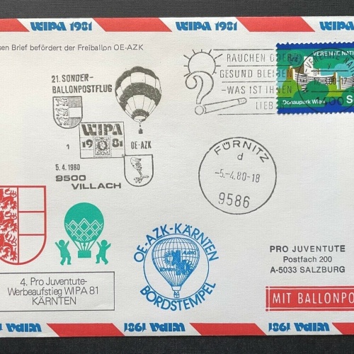 Brief Ballonpost Bordstempel OE-AZK Kärnten Fürnitz 1980 ca16,1x11,5cm 410347