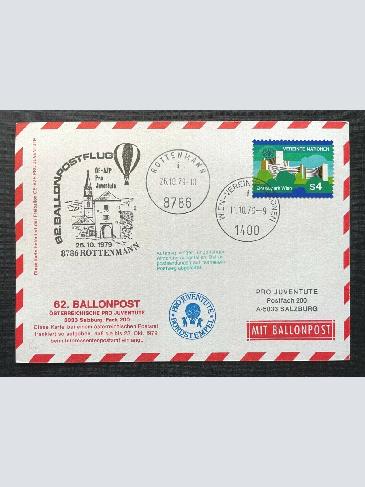 Brief 62.Ballonpost-Flug Bordstempel Rottenmann 1979 ca.14,8x10,6cm 410349