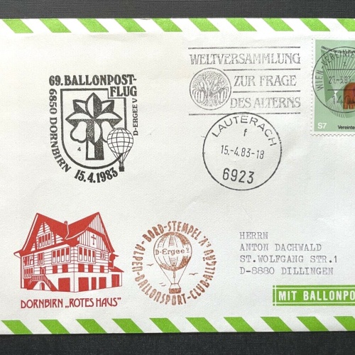 Brief 69.Ballonpost-Flug Bordstempel Lauterach 1983 ca.16,2x11,4cm 410350