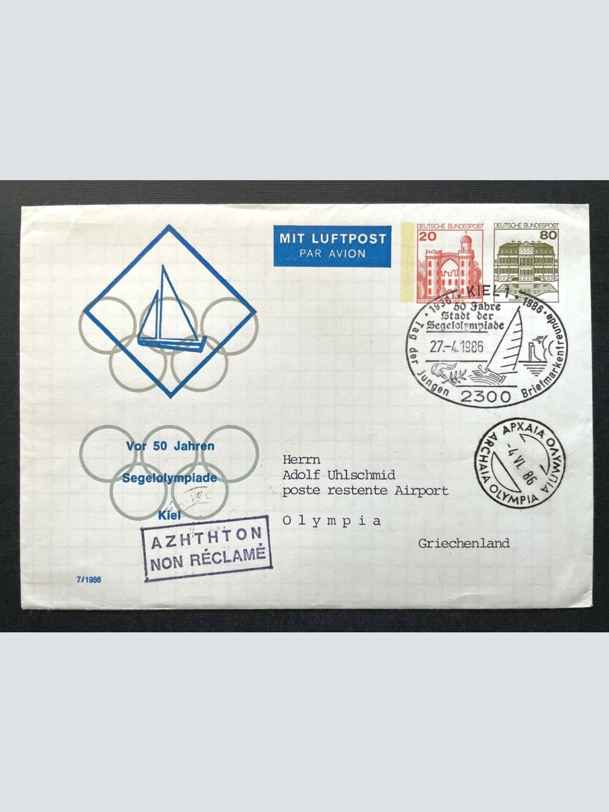 Brief Segelolympiade Kiel BRD Olympia GR Luftpost 1986 ca.16,1x11,3cm 410351