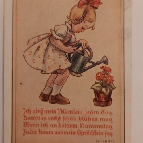 Künstlerkarte Mädchen mit Gießkanne und Blumentopf 600668A gr D