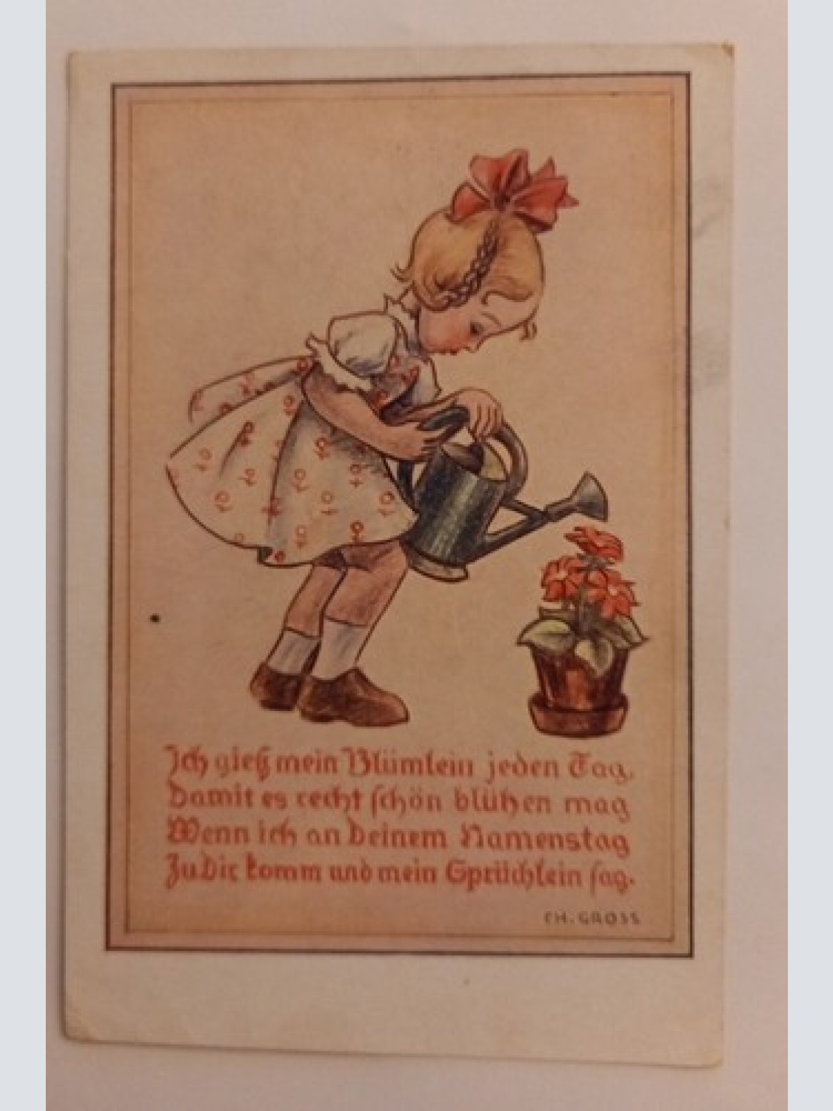 Künstlerkarte Mädchen mit Gießkanne und Blumentopf 600668A gr D