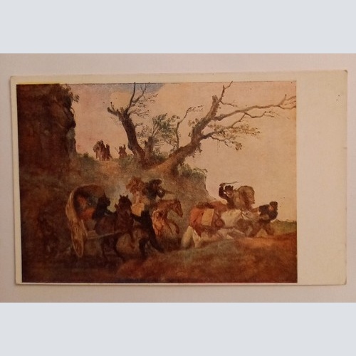 Künstlerkarte Zweirädriger gedeckter Wagen von Räubern überfallen 500147A gr D