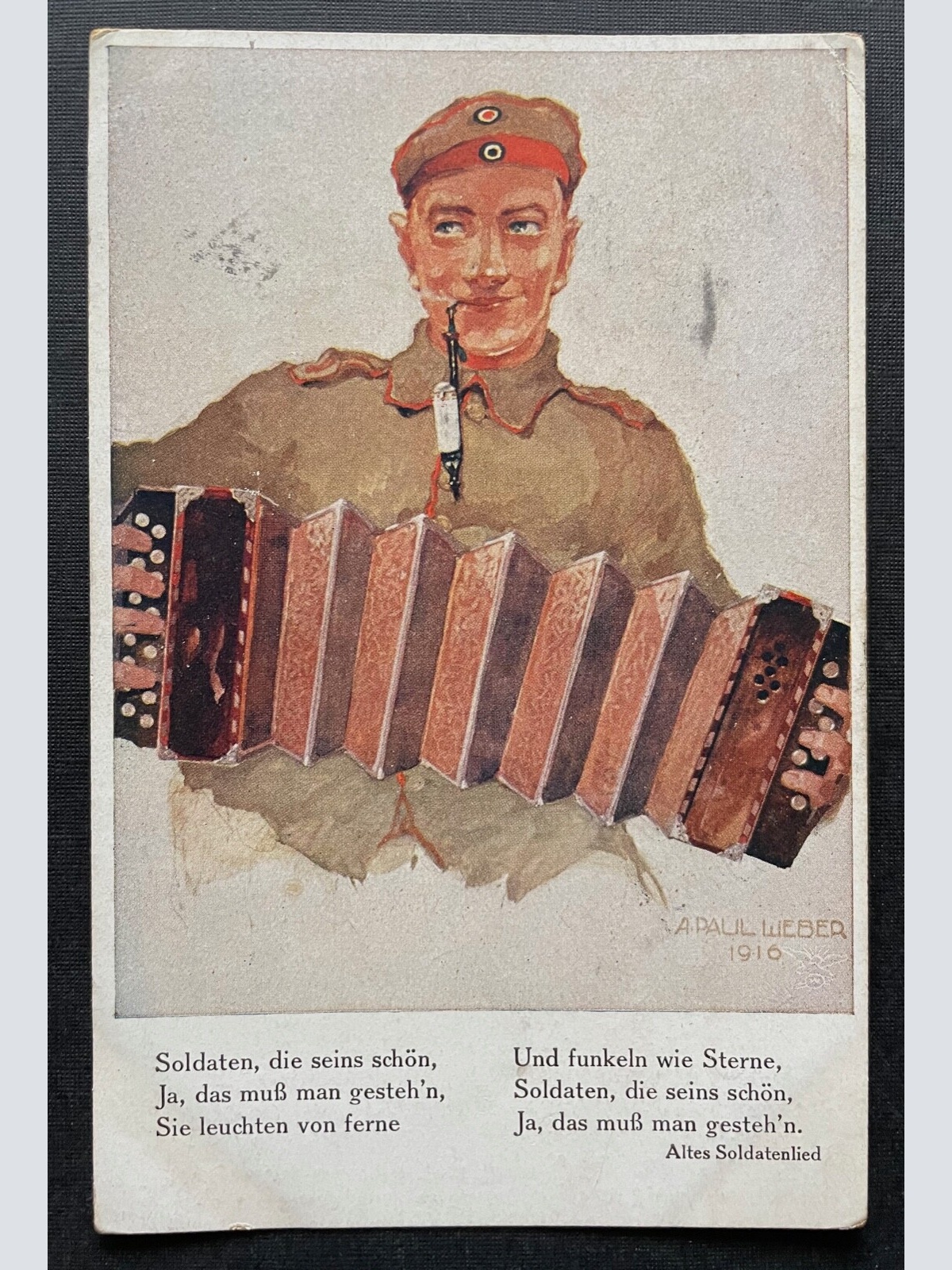 Altes Soldatenlied (A.P.Weber) Ziehharmonika Uniform Militär Krieg 400431 PR