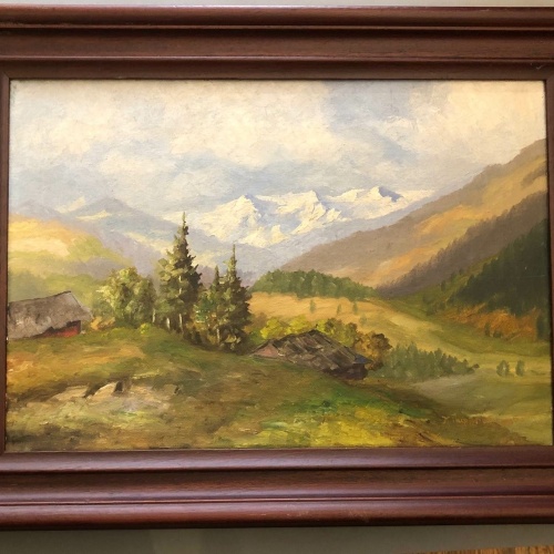 K. Rupprecht um 1935 Berglandschaft Alm Hütte auf Leinen gerahmt 48 x 36 42000
