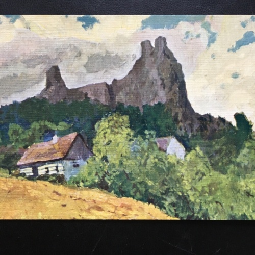 Häuser am Fuss eines Berges (J.Plichty) - Landschaft Wald - Künstlerkarte 907 TH