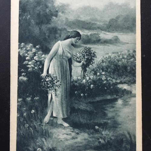 Frau pflückt Blumen - Blumenstrauß Blumenwiese - Künstlerkarte 400220 TH