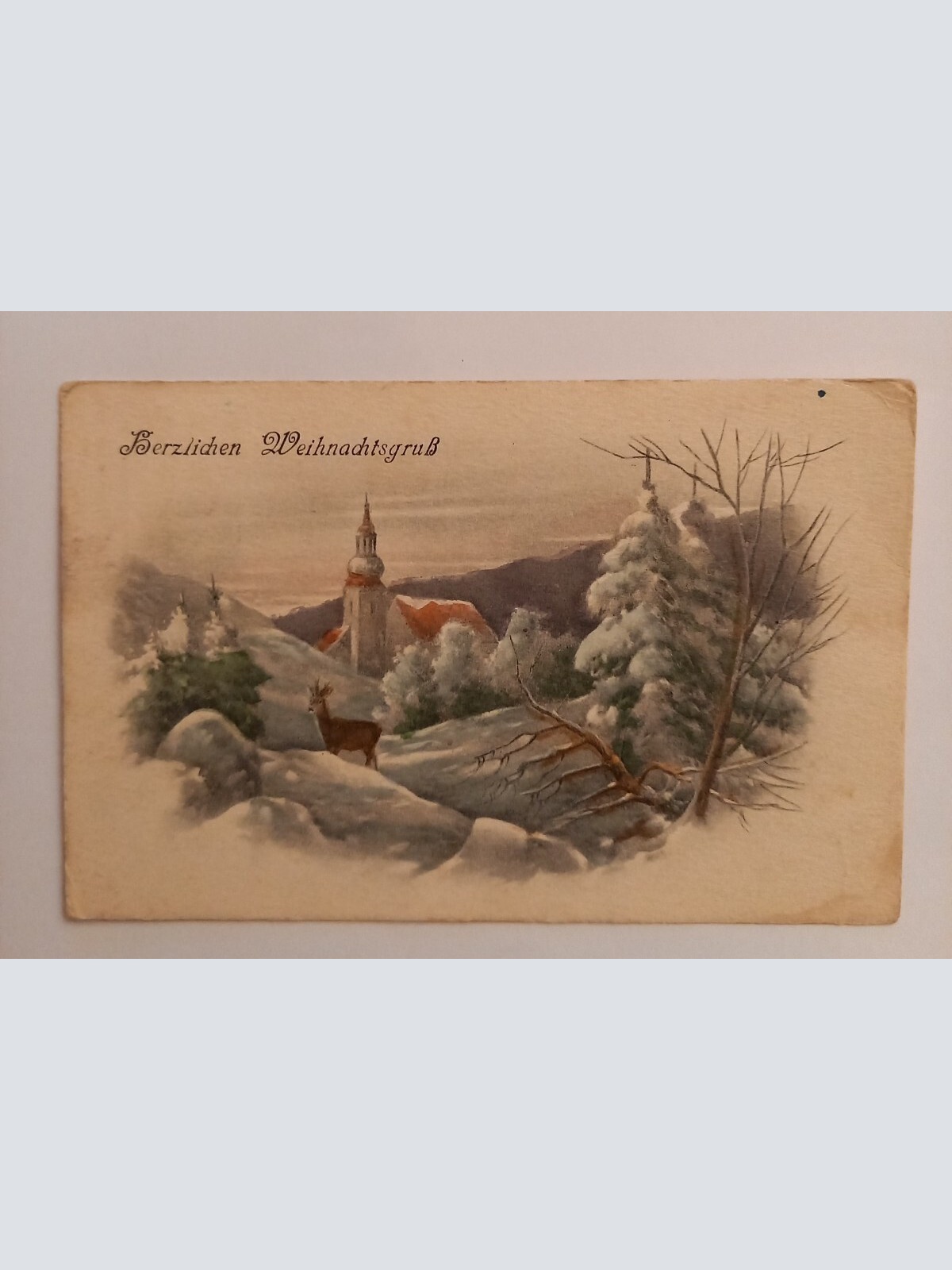 Herzlichen Weihnachtsgruß, Reh und Kirche  500124A gr D