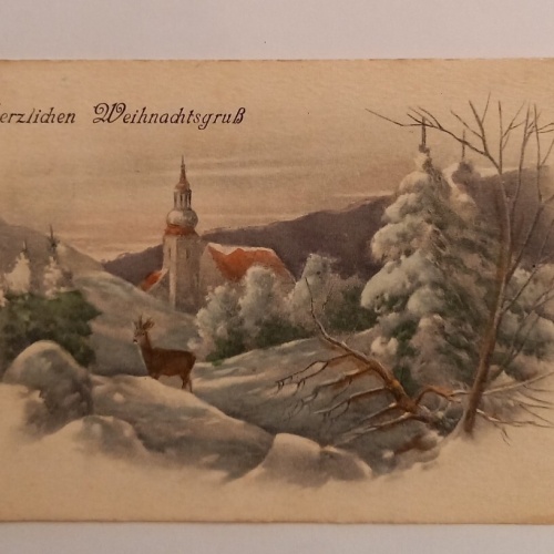 Herzlichen Weihnachtsgruß, Reh und Kirche  500124A gr D