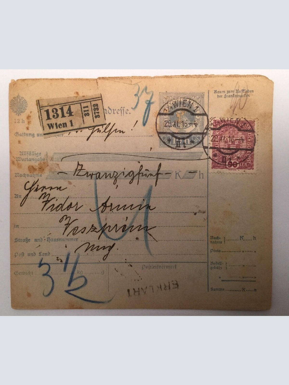 Brief Ganzsache 19 Heller Kais.kon.Stempel 14x13 cm 14544A