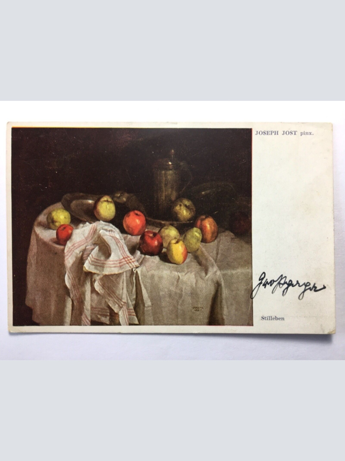 Stilleben (Joseph Jost) - Äpfel und Teller auf Esstisch - Künstlerkarte 30157 TH