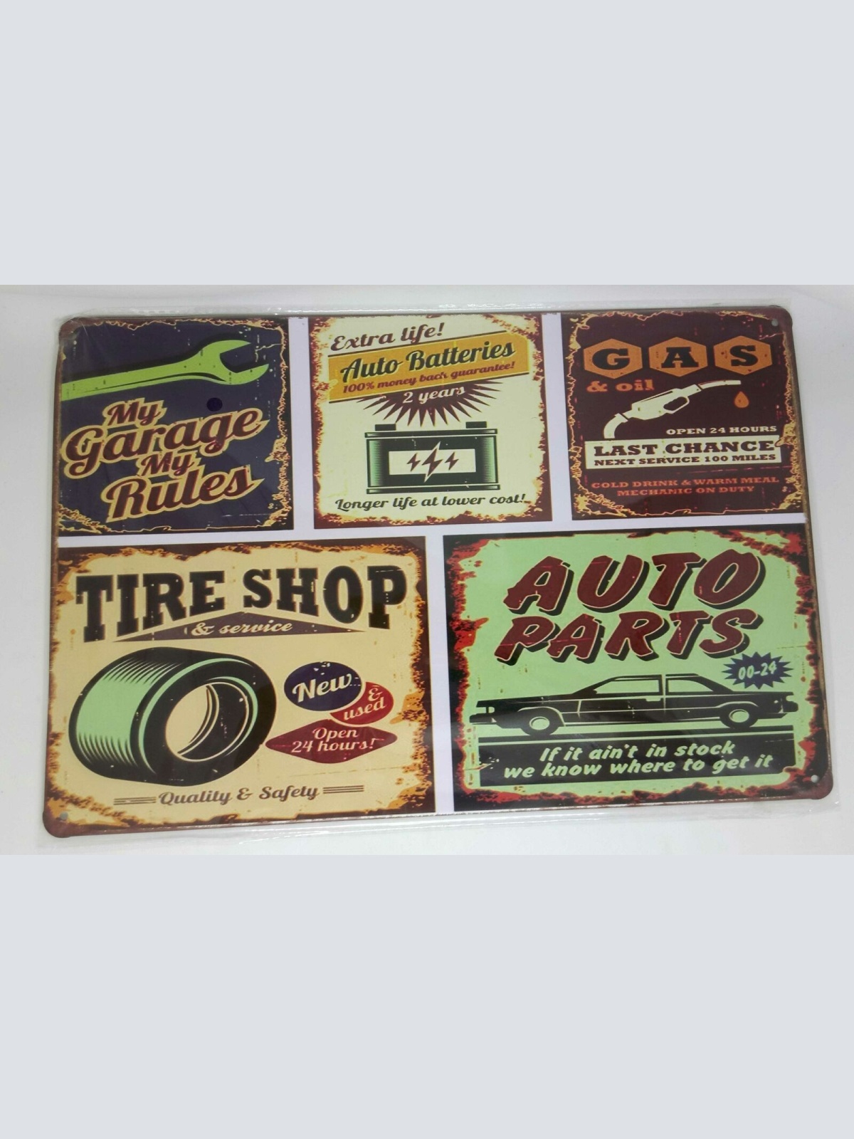 Nostalgie Retro Blechschild Auto Gas Reifen Batterie 30x20 50123