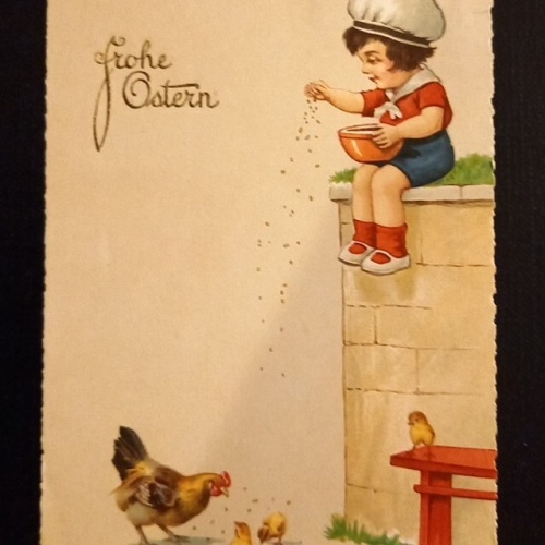 Frohe Ostern Kind Füttert Kücken Und Henne 600774A Ga G