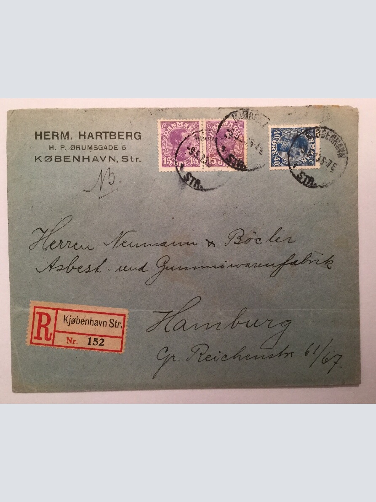 Dänemark Danmark Registred 1923 15.5 x 12.5 cm nach Hamburg A14209