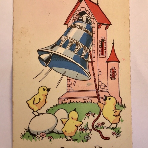 AK, Frohe Ostern, Joyeuses Paques, Kücken, Kirchturm, Glocke (40001 BW)
