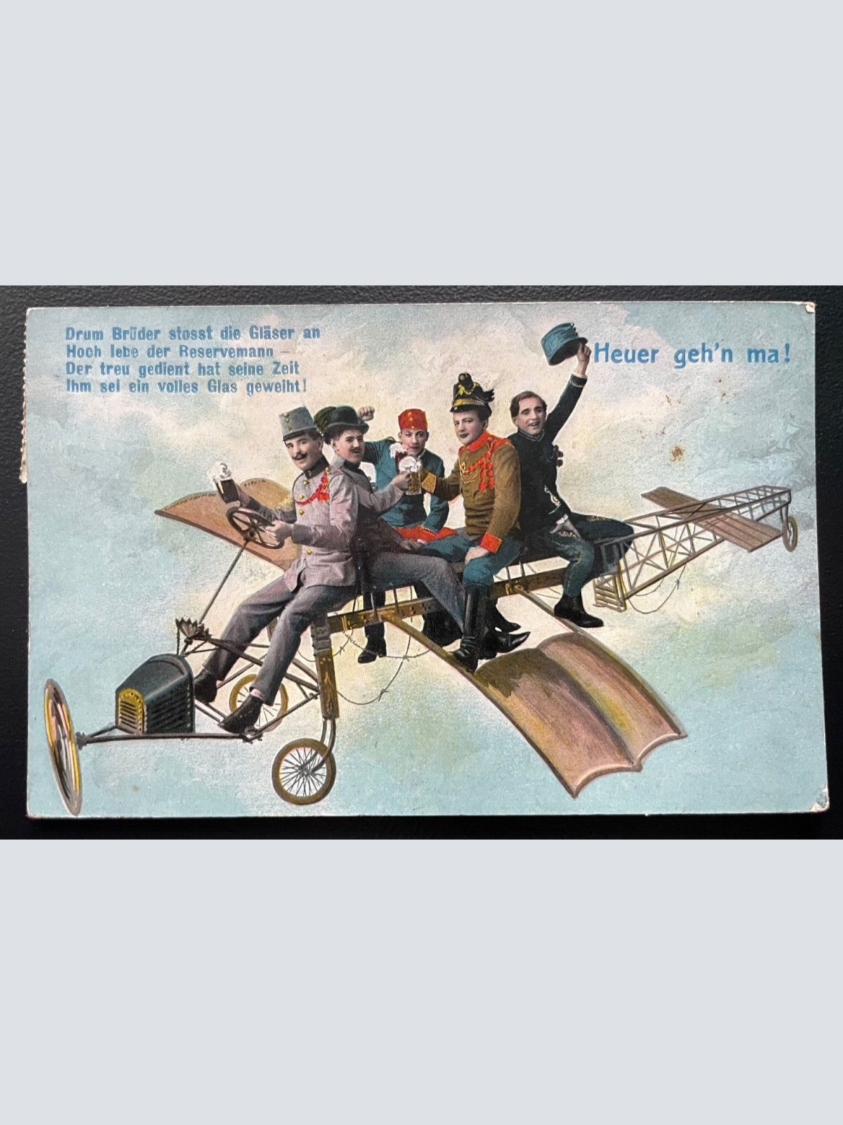 Heuer geh'n ma Gedicht Bier Flugzeug Uniform Hut Fez Militär Krieg 600104A TH D