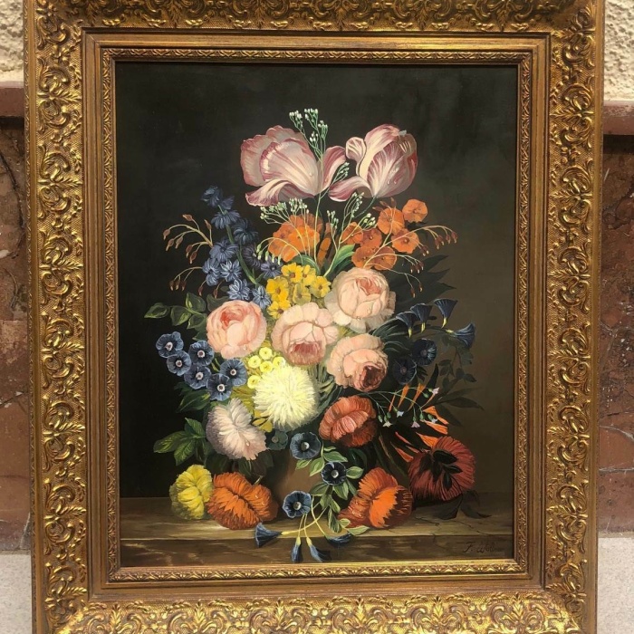 Blumen Stilleben sign. F. Wallner Öl auf Platte gerahmt 65 x 55 cm 42024
