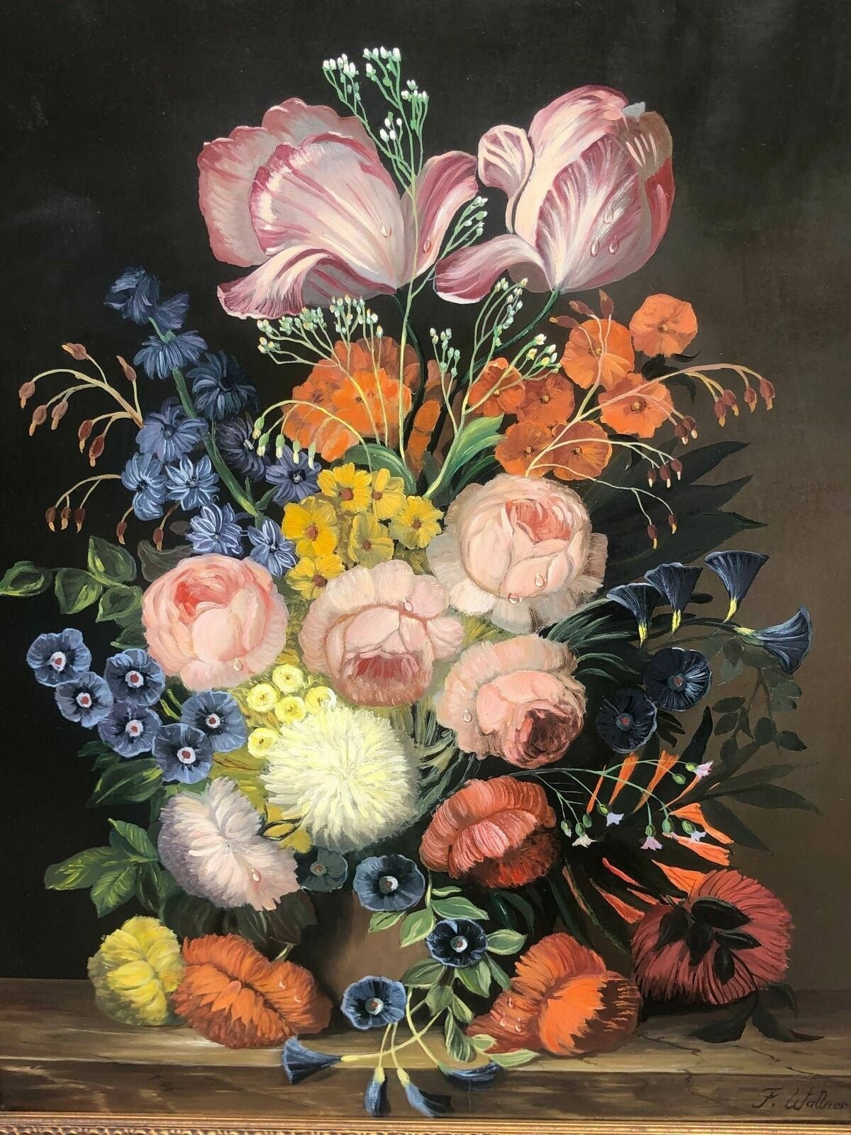 Blumen Stilleben sign. F. Wallner Öl auf Platte gerahmt 65 x 55 cm 42024