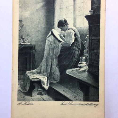 Zur Brautaustattung (A.Koester) - Frau näht Kleid - Künstlerkarte 50019 TH D