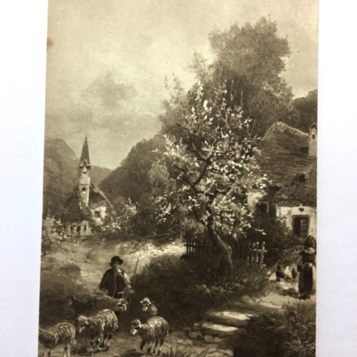Schäfer mit Schafe - Dorf mit Kirche - Künstlerkarte 30162 TH